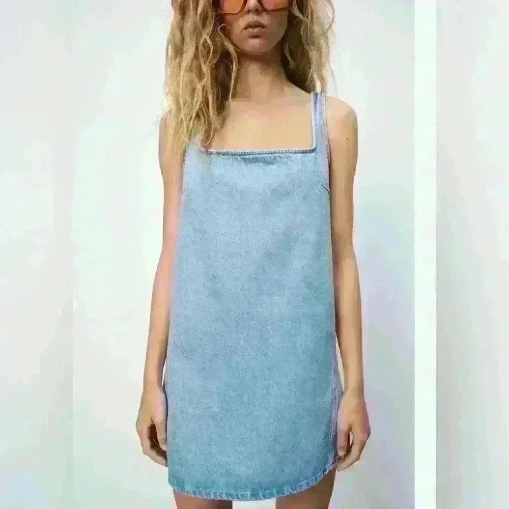 ZARA Square Neck Denim Tank  Mini Dress size XS NWOT - Picture 3 of 10